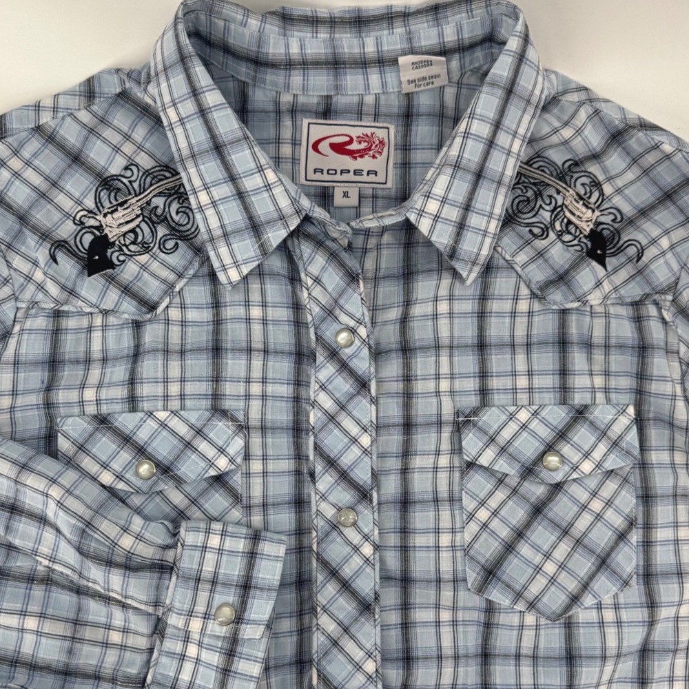 Roper Womens XL Blue Plaid Pearl Snap Western Shirt Embroidered Revolver Pistols